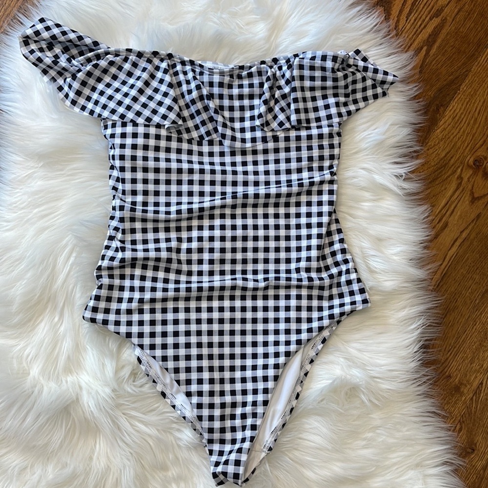 LOFT Black and White Gingham Off-Shoulder One-Piece Swimsuit